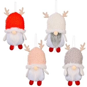 Set of four plush Christmas gnome ornaments with reindeer antlers and long beards