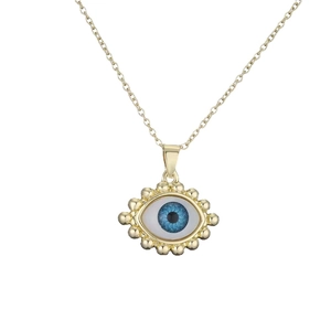 18K gold plated evil eye pendant necklace with blue enamel eye detail on white background
