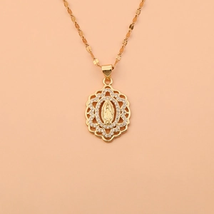 Gold plated Virgin Mary necklace with crystal frame and delicate twisted wave chain