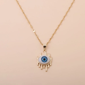 Golden chain necklace with blue gradient evil eye pendant in 18K gold plating