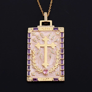Gold Tarot necklace with pink enamel, cross pendant, and Faith Heart engraving