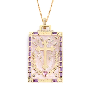 Golden tarot cross necklace with pink enamel, purple zircons, and Faith Heart engraving