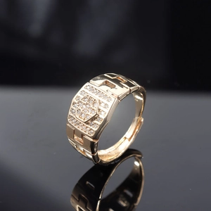 Men's gold plated adjustable wide ring with micro-paved cubic zirconia hexagonal pattern