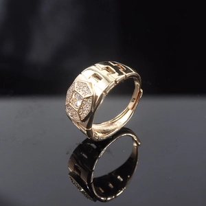 Men's wide gold plated ring featuring hexagon micro-paved zircon and a center square stone