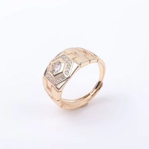 Detailed view of gold plated adjustable ring with hexagonal micro-pave zircon setting