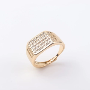 Macro view of gold-plated adjustable ring featuring multi-row zircon micro-pave