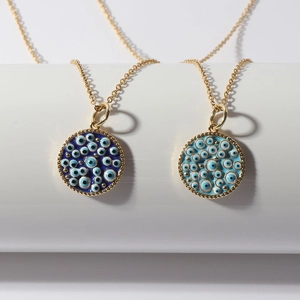 Bohemian Copper Gold Plated Evil Eye Round Disc Pendant Necklace For Women Blue Enamel Turkish Protective Amulet Jewelry Gift