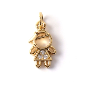 Golden girl charm pendant with shimmering zircon crystals on dress for jewelry making