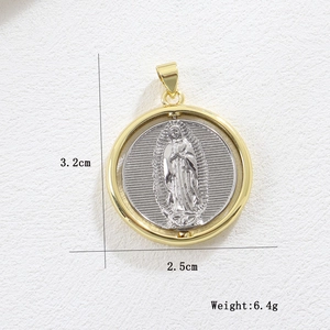 Detail of 18k gold plated two-tone cross pendant with Virgin Mary engraving and size metrics