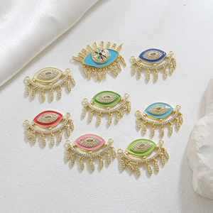 18K Gold Plated Copper Evil Eye Enamel Tassel Pendant Zirconia Micro Pave Jewelry Findings Connector For Necklace Bracelet DIY