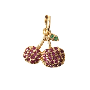 Sparkling cherry charm pendant in gold plating with red and green micro-set zircons