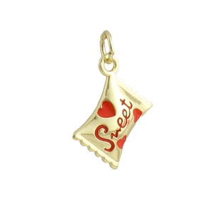Detail of candy-shaped gold pendant with Sweet text and red heart enamel detail