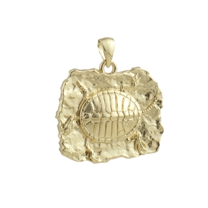 Detail of 18k gold plated pendant with embossed turtle design and hammered texture finish