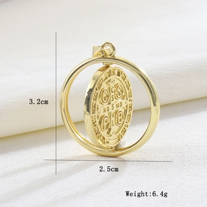 Detail view of 18k gold plated Saint Benedict cross pendant with size measurements