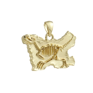 Detailed close-up of a 18k gold-plated dinosaur fossil pendant with embossed skeletal pattern