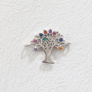 Detailed view of silver Tree of Life pendant featuring vibrant multi-color zircon inlay