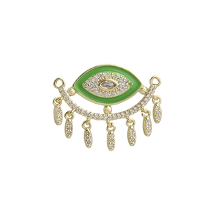 Detail of 18k gold plated evil eye pendant with green enamel and white zircon tassels