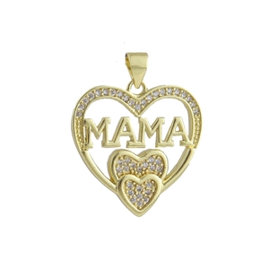 Detailed close-up of a gold heart pendant with MAMA engraving and micro-pave cubic zirconia