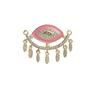 Detail of 18k gold plated evil eye pendant with pink enamel and sparkling zircon tassels