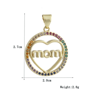 Detailed view of gold mom heart pendant with colorful rainbow zircon stones and dimensions
