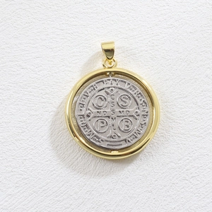 Rotating Saint Benedict medal pendant in 18k gold and silver two-tone hip-hop style