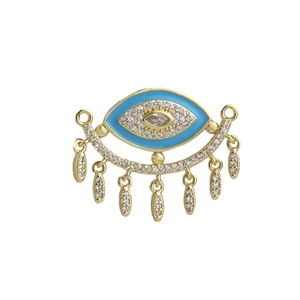 Detail of 18k gold evil eye connector with blue enamel and dangling zircon accents