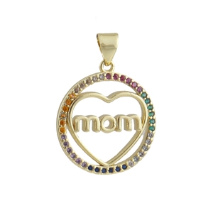 Detailed close-up of a gold-plated mom heart pendant with rainbow zircon micro-paving