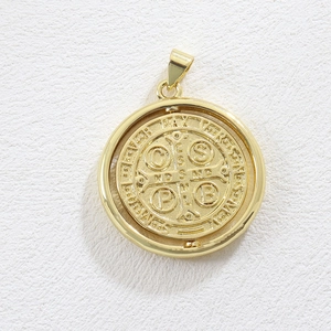 Rotating St. Benedict religious medallion pendant in 18k gold plated copper finish