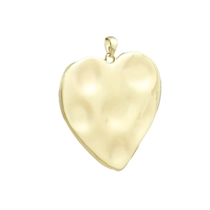 Detailed view of heart pendant featuring a hammered gold texture and shiny metallic finish