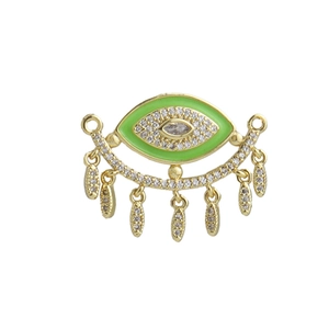 Detailed view of 18k gold plated evil eye pendant with green enamel and crystal tassels
