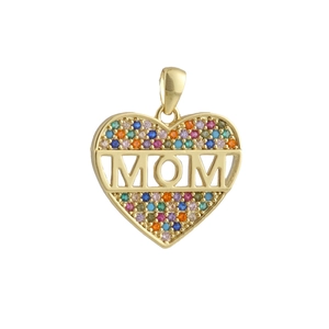 Detail of heart MOM pendant with colorful cubic zirconia in gold metal setting