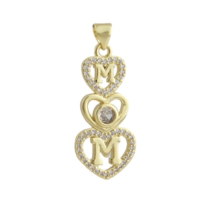 Detailed view of triple heart gold-plated pendant featuring MOM lettering and zircons