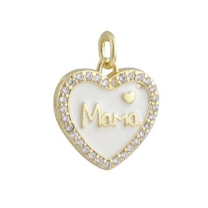 Macro shot of gold-plated Mama heart pendant with white enamel and sparkling zircons
