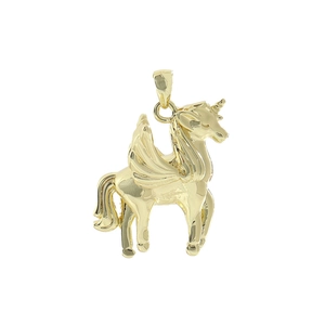 Detailed close-up of a 18k gold-plated unicorn pendant with wings and polished finish