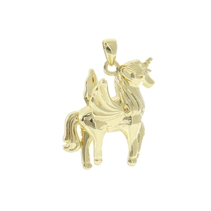 Detailed view of a polished 18k gold-plated unicorn pegasus pendant with wings and bail