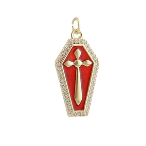 Detail of gold-plated coffin pendant with red enamel, cross and cubic zirconia