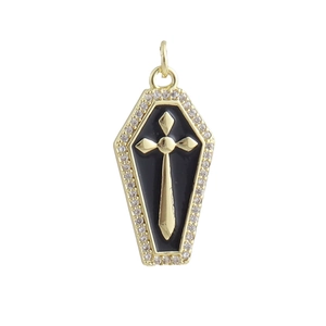 Gothic coffin pendant with black enamel gold cross and crystal halo detail
