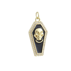 Gothic gold coffin pendant with black enamel skull and micro-pave zircon crystals