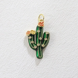 Golden cactus pendant with green enamel, colorful rose accents and sparkly rhinestones