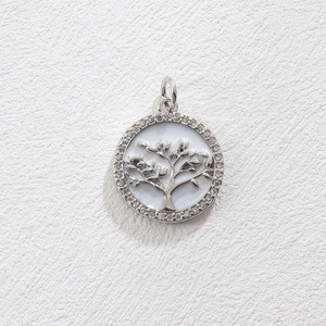 Silver tree of life pendant with white enamel inlay and sparkling zircon border