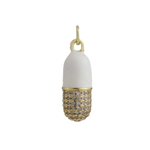 Detail of 18k gold-plated capsule pendant with white enamel and micro-pave crystals