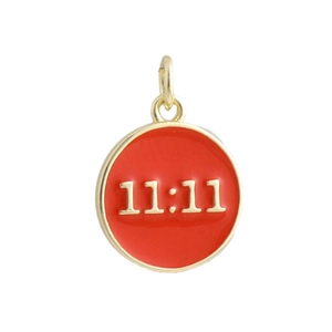 Detail of red enamel round pendant with 18k gold 11:11 angel number engraving