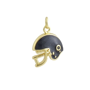 Macro shot of gold-plated American football helmet pendant with black enamel finish