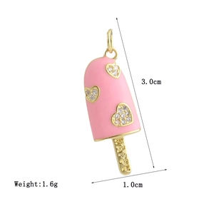 Close-up of pink enamel popsicle pendant with zircon hearts and happy engraving