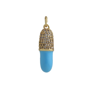 Macro shot of 18k gold plated capsule pendant with white zircons and sky blue enamel