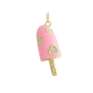 Close-up of pink enamel ice cream pendant with heart zircons and HAPPY engraving