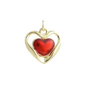 Detailed view of dual-layer heart pendant featuring 18k gold plating and red enamel finish