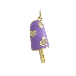 Detail of purple enamel ice cream pendant with heart zircons and Happy engraving