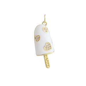 Detail of ice cream charm with white enamel, heart zircons and HAPPY engraving