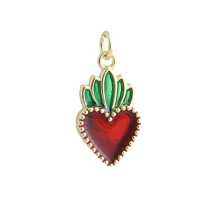 Detailed view of red enamel sacred heart pendant with 18k gold plating for jewelry DIY